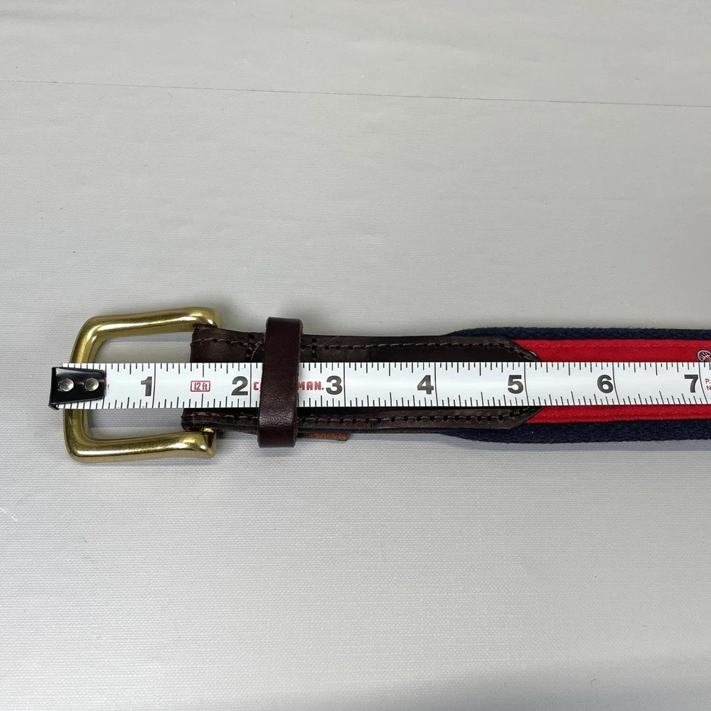 Vineyard Vines Club Belt Mens 30 Red Navy Textile Lacrosse Leather Brass Buckle